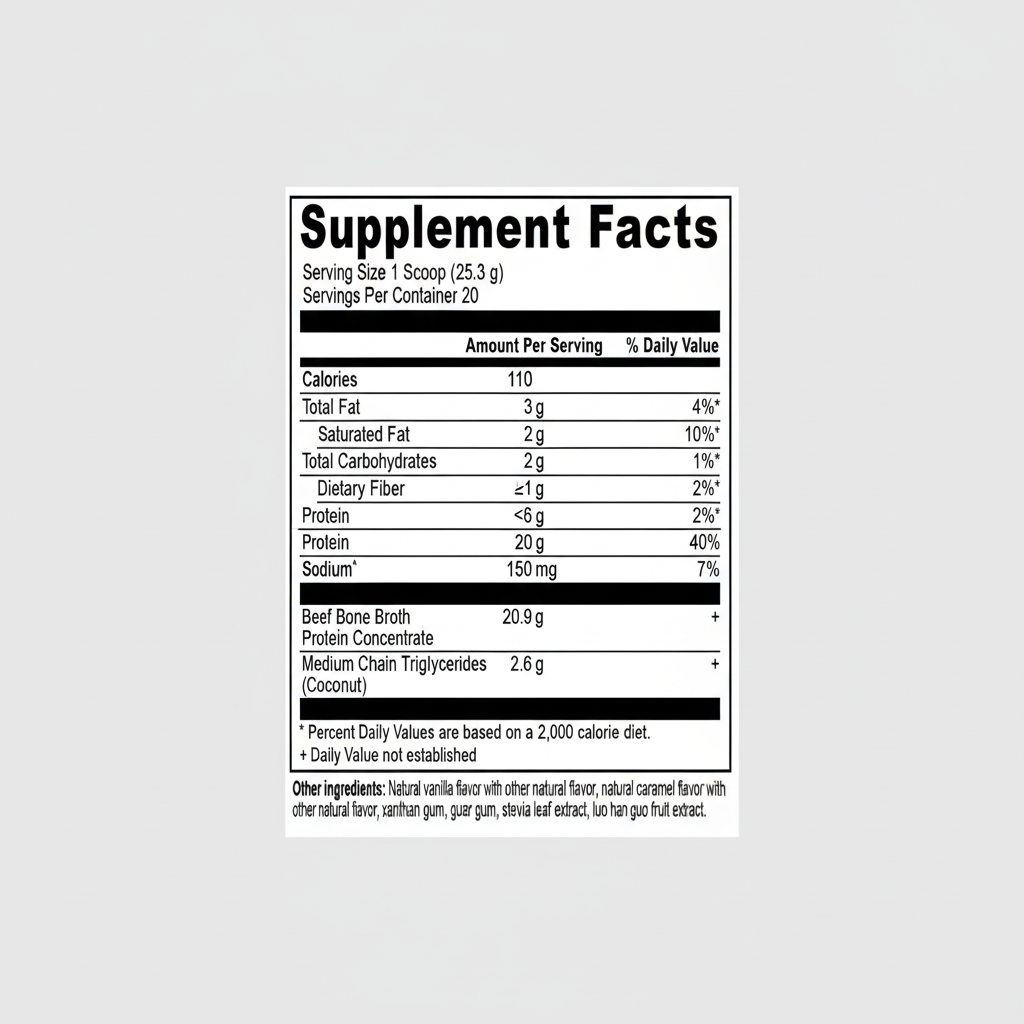 Supplement facts label with nutritional information on a white background