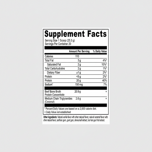 Supplement facts label with nutritional information on a white background