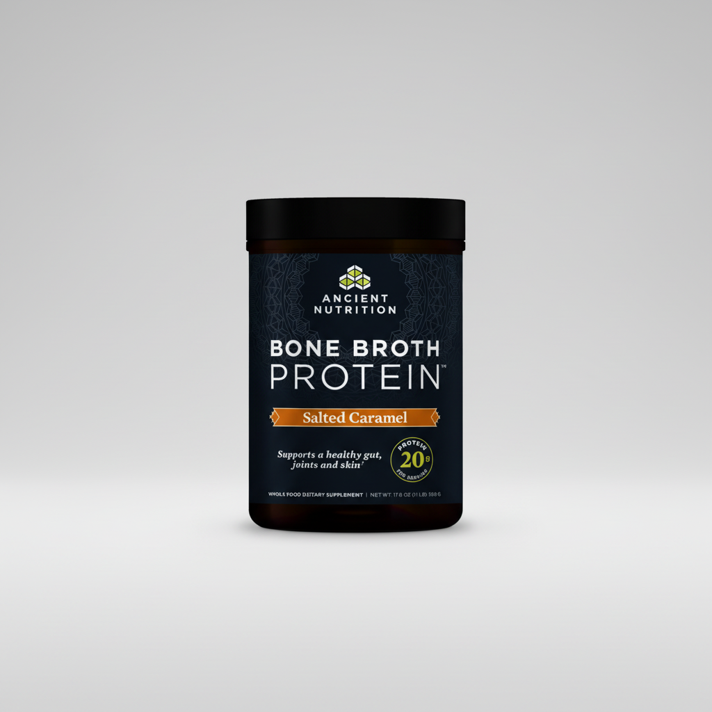 Ancient Nutrition Bone Broth Protein container in salted caramel flavor on a white background