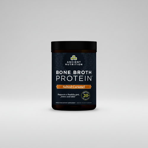 Ancient Nutrition Bone Broth Protein container in salted caramel flavor on a white background
