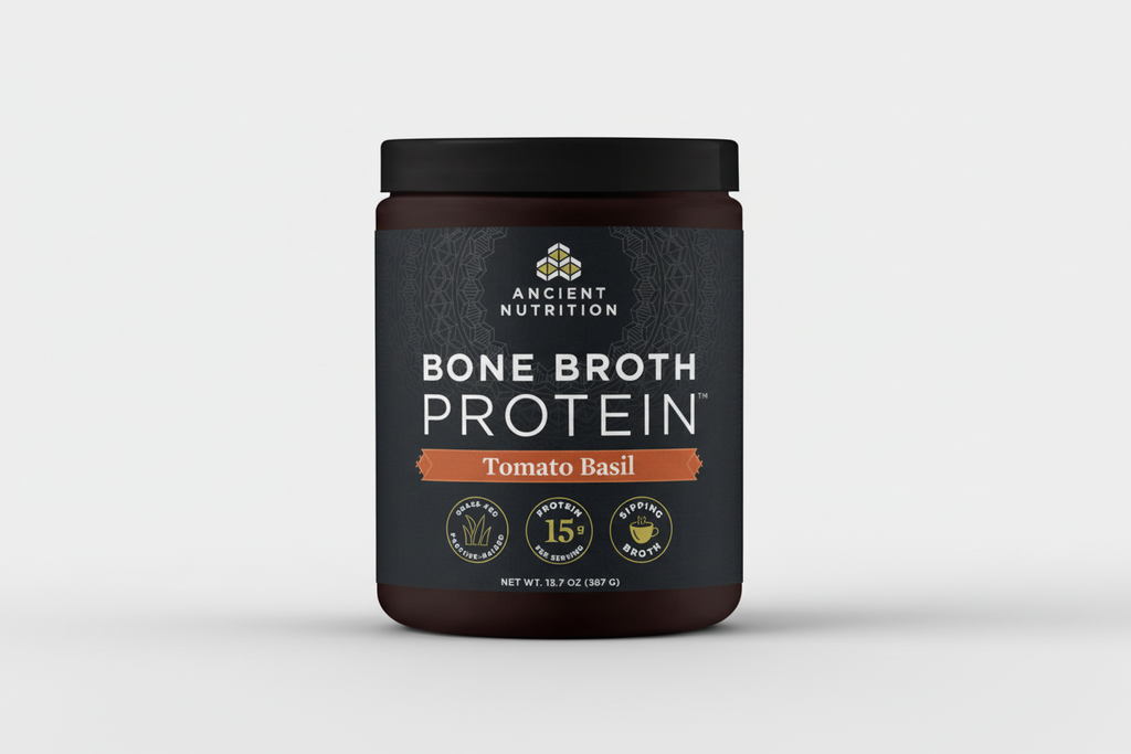 Container of Ancient Nutrition Bone Broth Protein Tomato Basil flavor on a white background