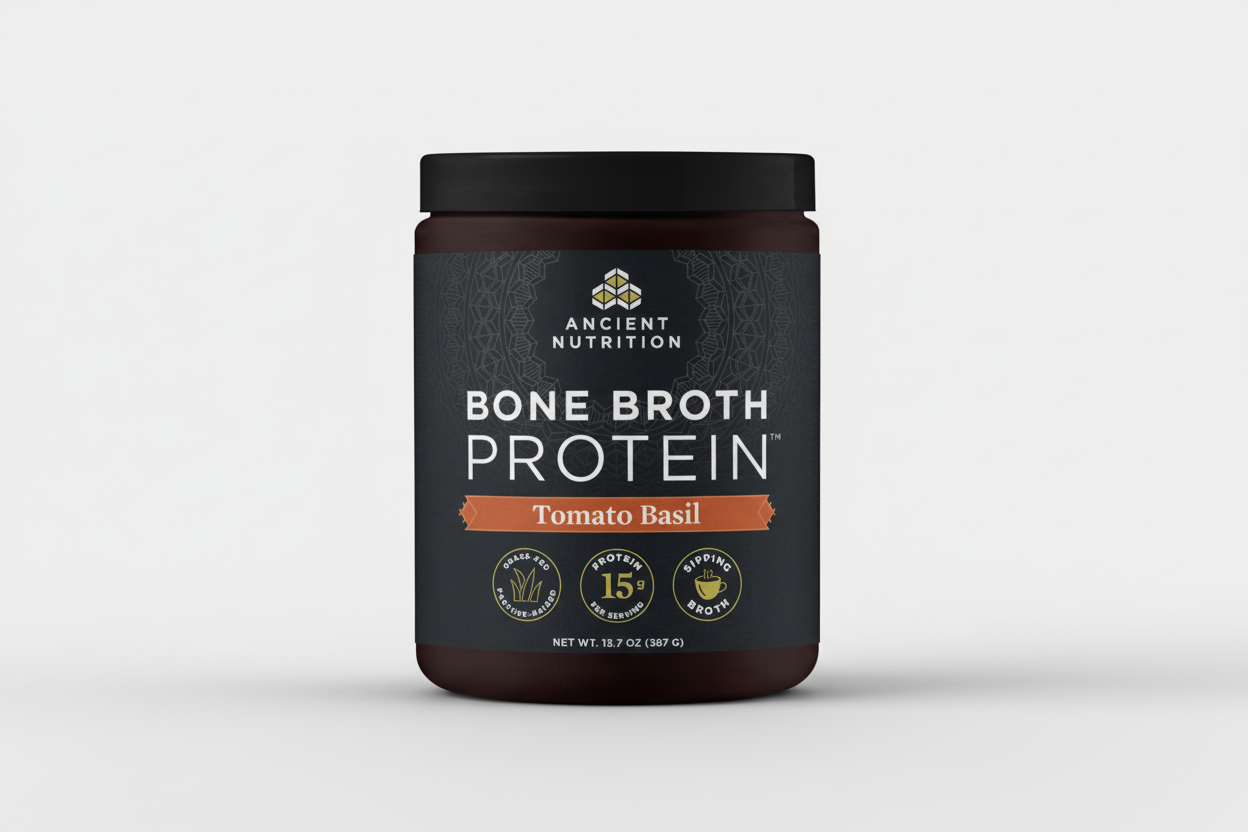 Container of Ancient Nutrition Bone Broth Protein Tomato Basil flavor on a white background