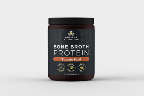 Container of Ancient Nutrition Bone Broth Protein Tomato Basil flavor on a white background