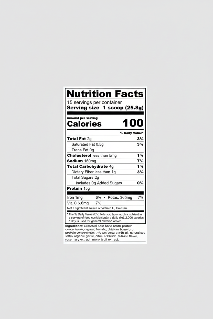 Nutrition facts label for a protein supplement with serving size, calories, and nutrient content.