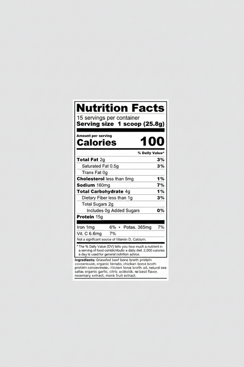 Nutrition facts label for a protein supplement with serving size, calories, and nutrient content.