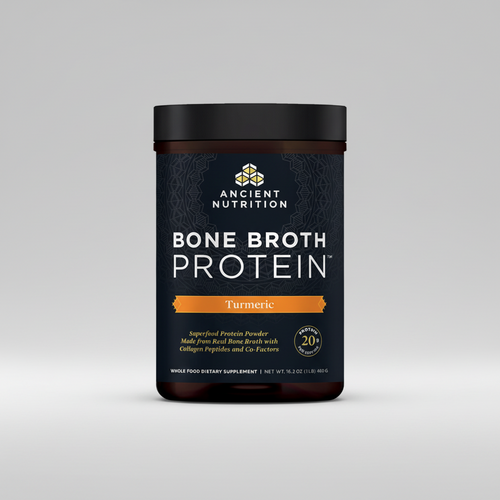 Ancient Nutrition Bone Broth Protein Turmeric powder container on a white background
