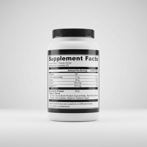 Supplement facts label for a protein product with serving size and nutritional information.
