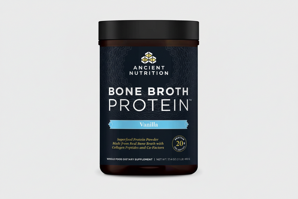 Ancient Nutrition Bone Broth Protein container with vanilla flavor on a white background