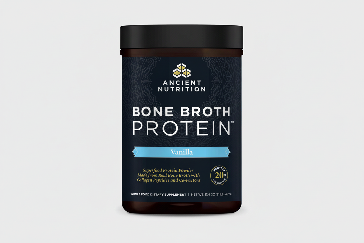 Ancient Nutrition Bone Broth Protein container with vanilla flavor on a white background