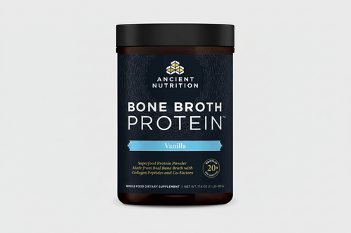 Ancient Nutrition Bone Broth Protein container with vanilla flavor on a white background