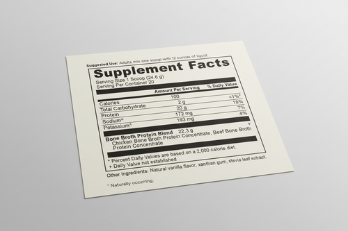 Supplement facts label for a protein blend product
