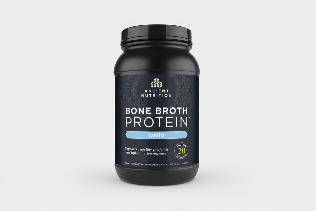 Black container of Ancient Nutrition Bone Broth Protein Vanilla flavor on a white background