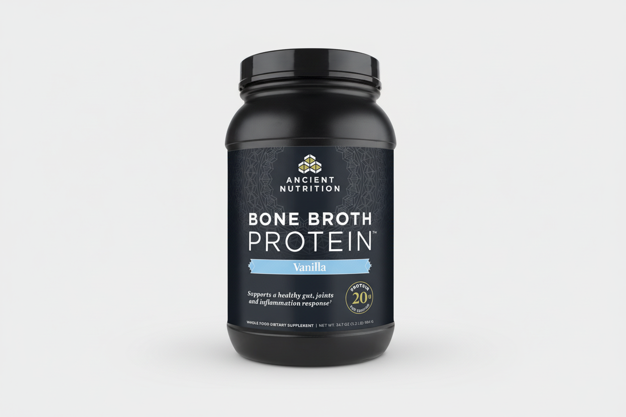 Black container of Ancient Nutrition Bone Broth Protein Vanilla flavor on a white background