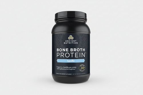 Black container of Ancient Nutrition Bone Broth Protein Vanilla flavor on a white background