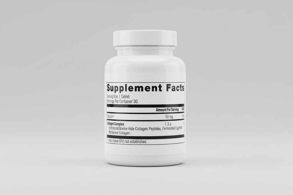 Supplement facts label with calcium and collagen complex information