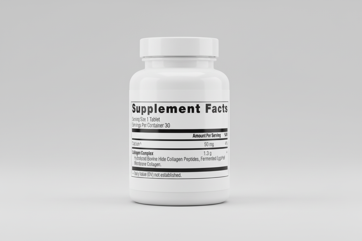 Supplement facts label with calcium and collagen complex information