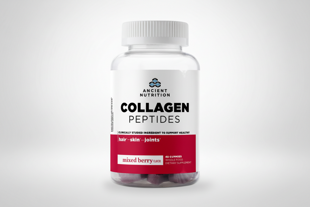 Bottle of Ancient Nutrition Collagen Peptides on a white background