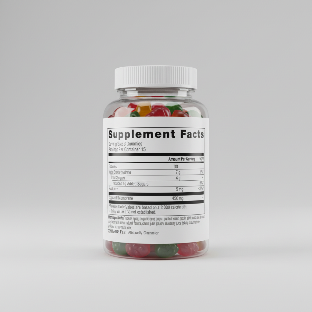 Supplement facts label for gummy vitamins with nutritional information.