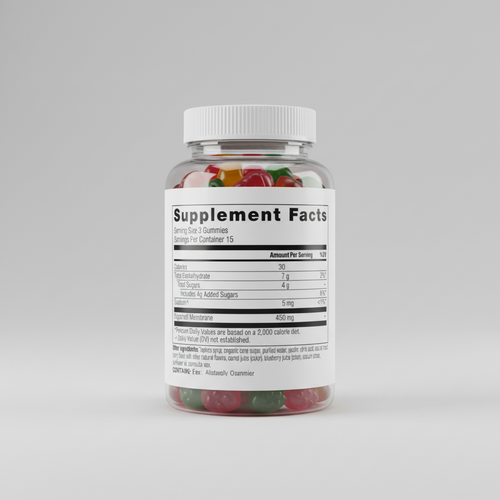Supplement facts label for gummy vitamins with nutritional information.