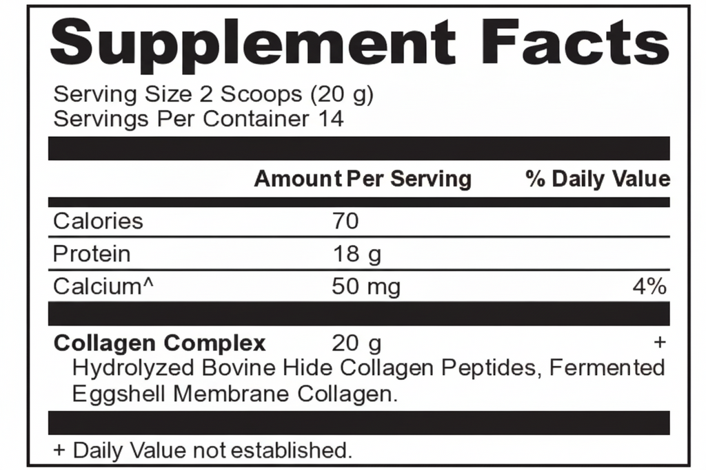 Supplement facts label with nutritional information on a white background