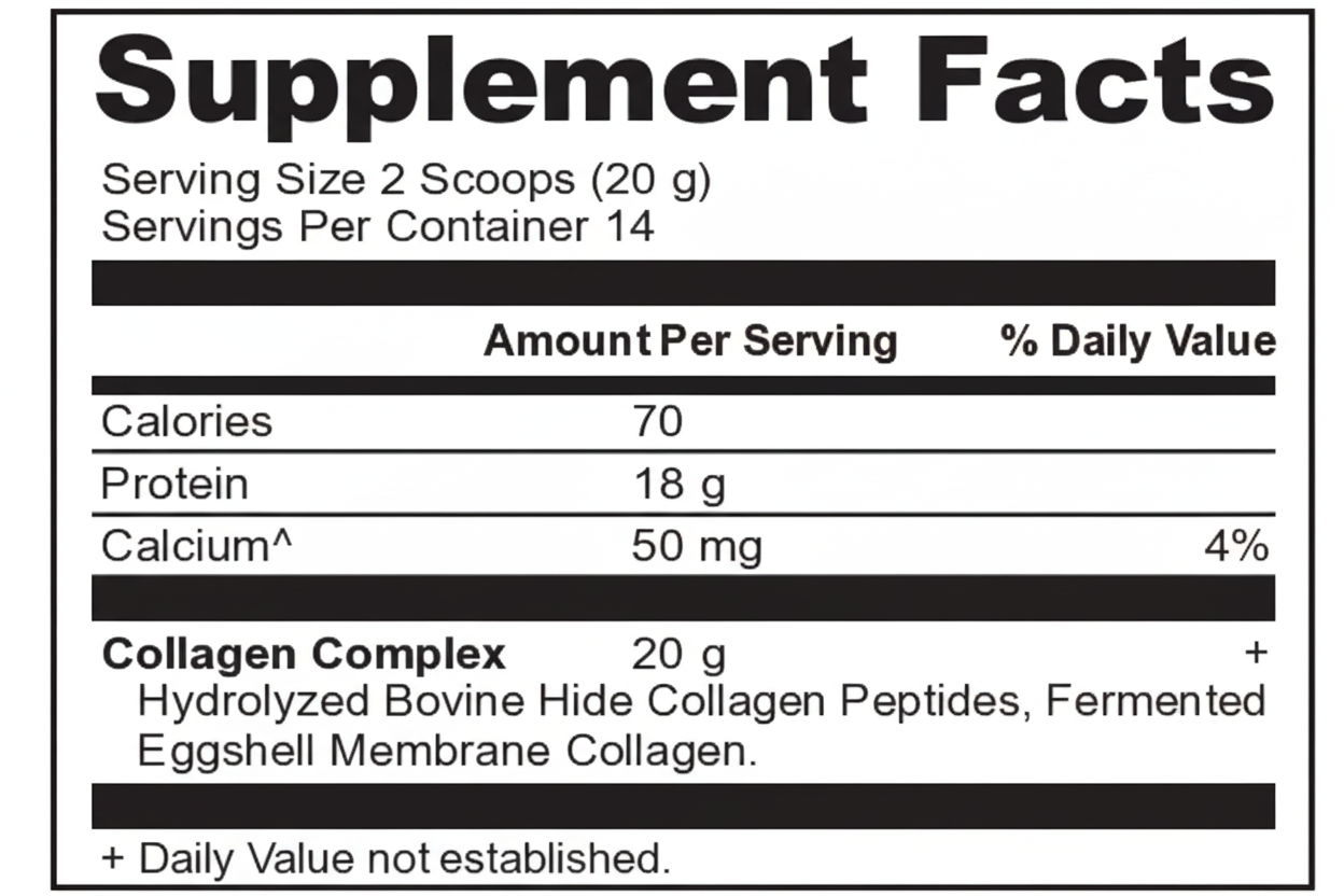 Supplement facts label with nutritional information on a white background