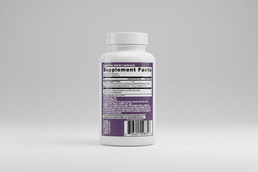 Supplement label with 'Supplement Facts' section on a purple background