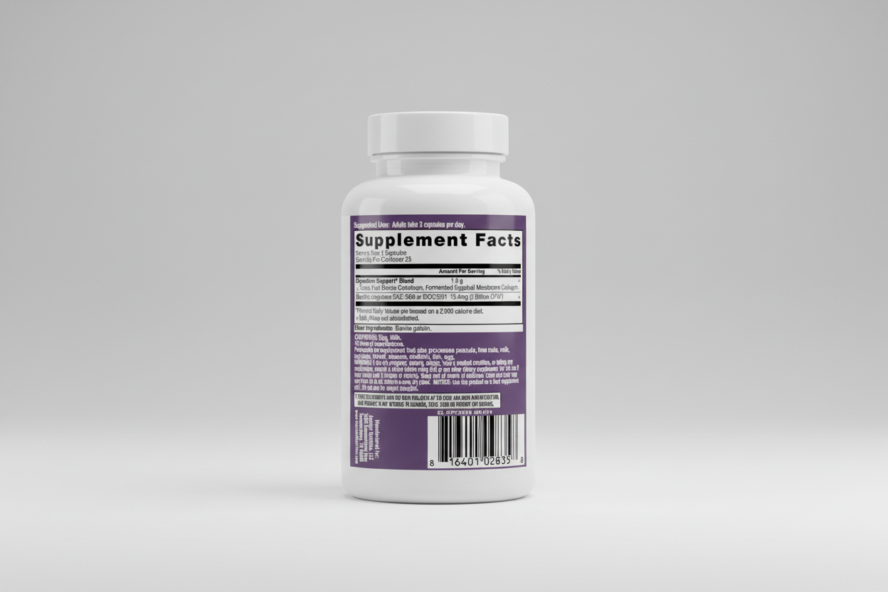 Supplement label with 'Supplement Facts' section on a purple background