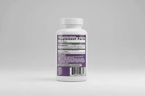 Supplement label with 'Supplement Facts' section on a purple background