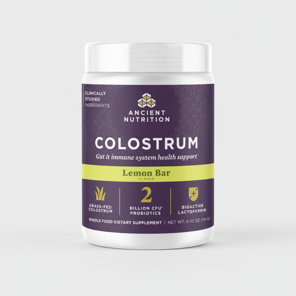 Ancient Nutrition Colostrum supplement container with purple label on a white background
