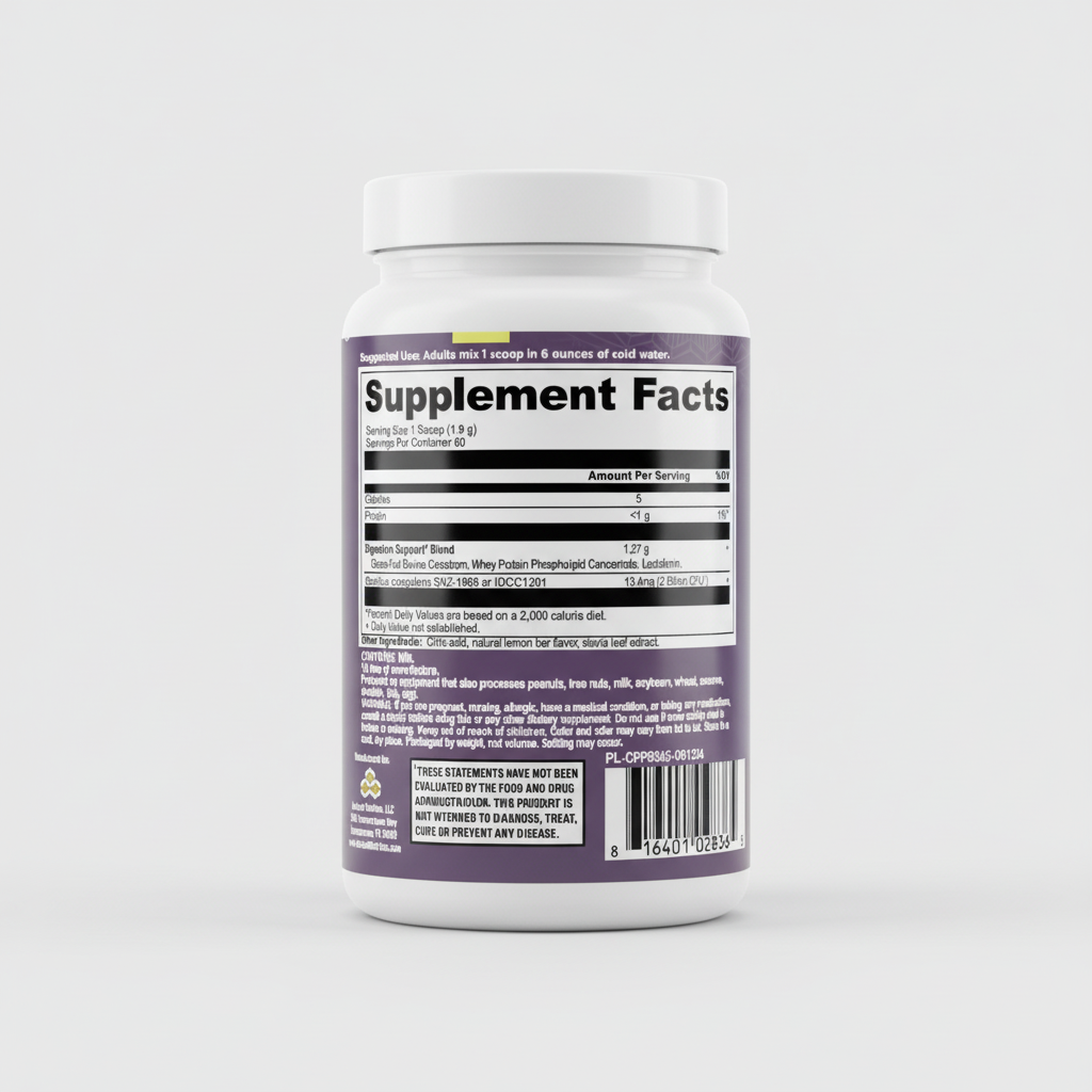Supplement label with 'Supplement Facts' and other nutritional information on a purple background.