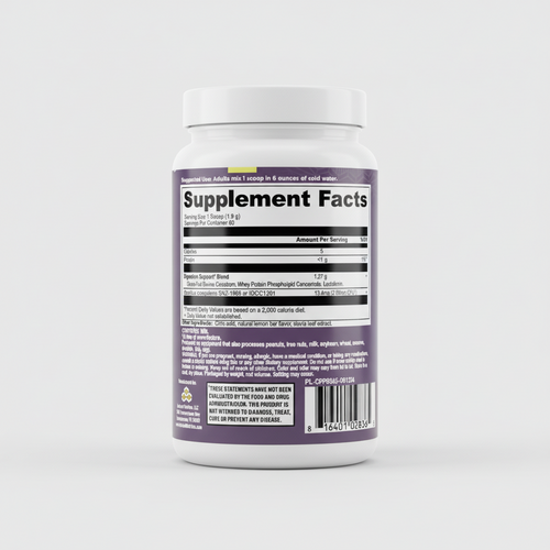 Supplement label with 'Supplement Facts' and other nutritional information on a purple background.