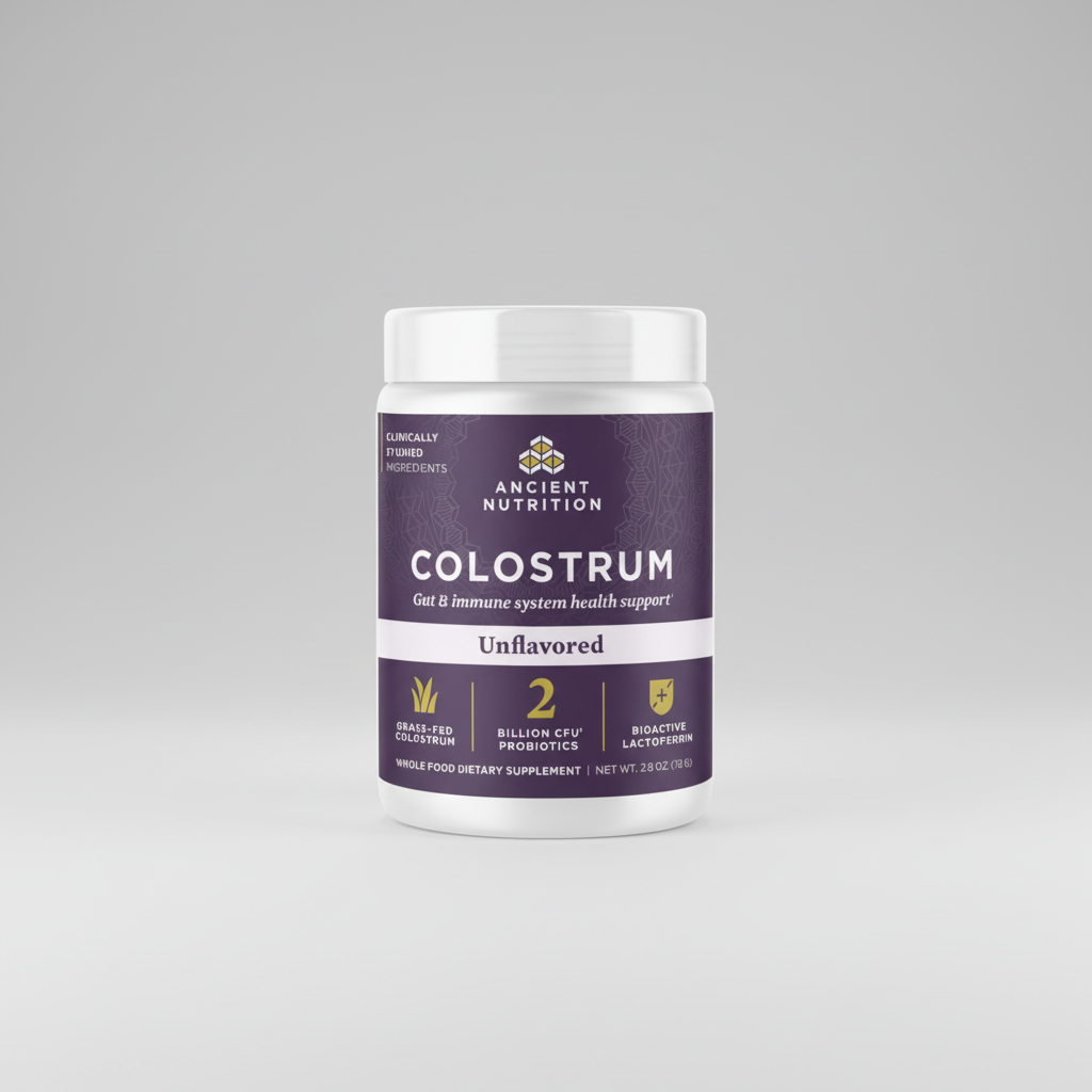 Ancient Nutrition Colostrum supplement container on a white background