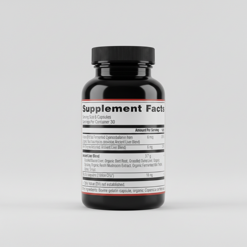 Supplement facts label with detailed nutritional information on a white background