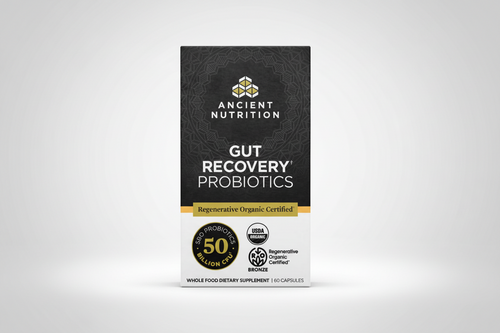 Box of Ancient Nutrition Gut Recovery Probiotics on a white background