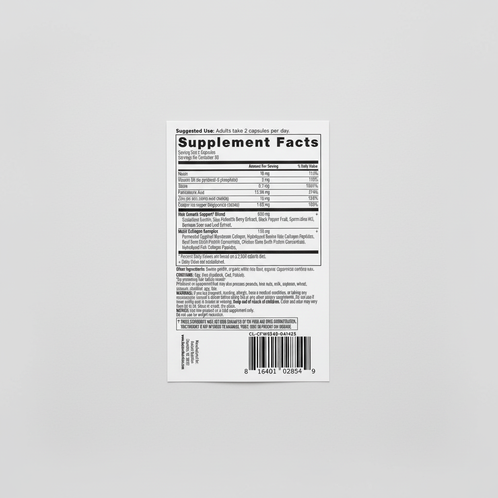 Supplement label with detailed nutritional information on a white background