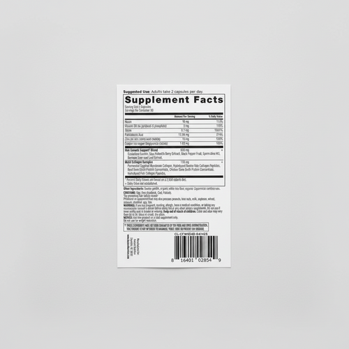 Supplement label with detailed nutritional information on a white background