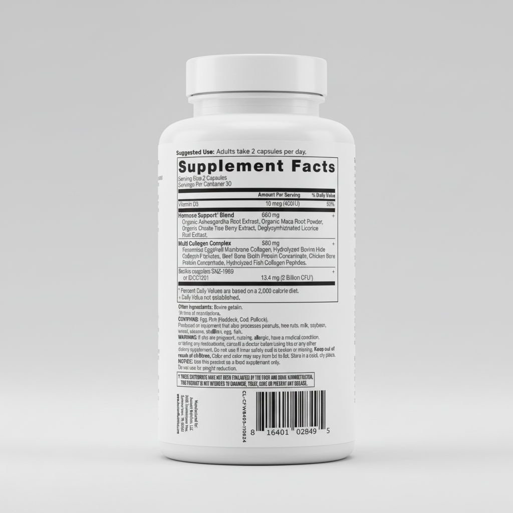 Supplement label with detailed ingredient list and usage instructions on a white background