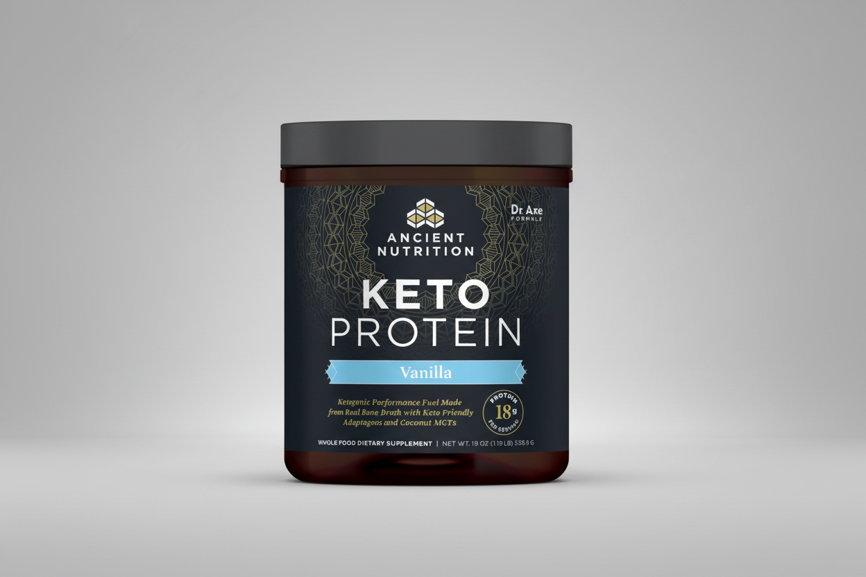 Container of Ancient Nutrition Keto Protein Vanilla flavor on a white background