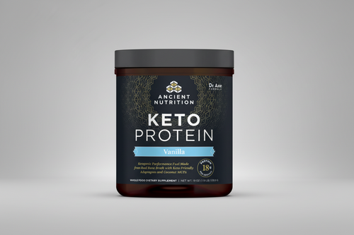 Container of Ancient Nutrition Keto Protein Vanilla flavor on a white background