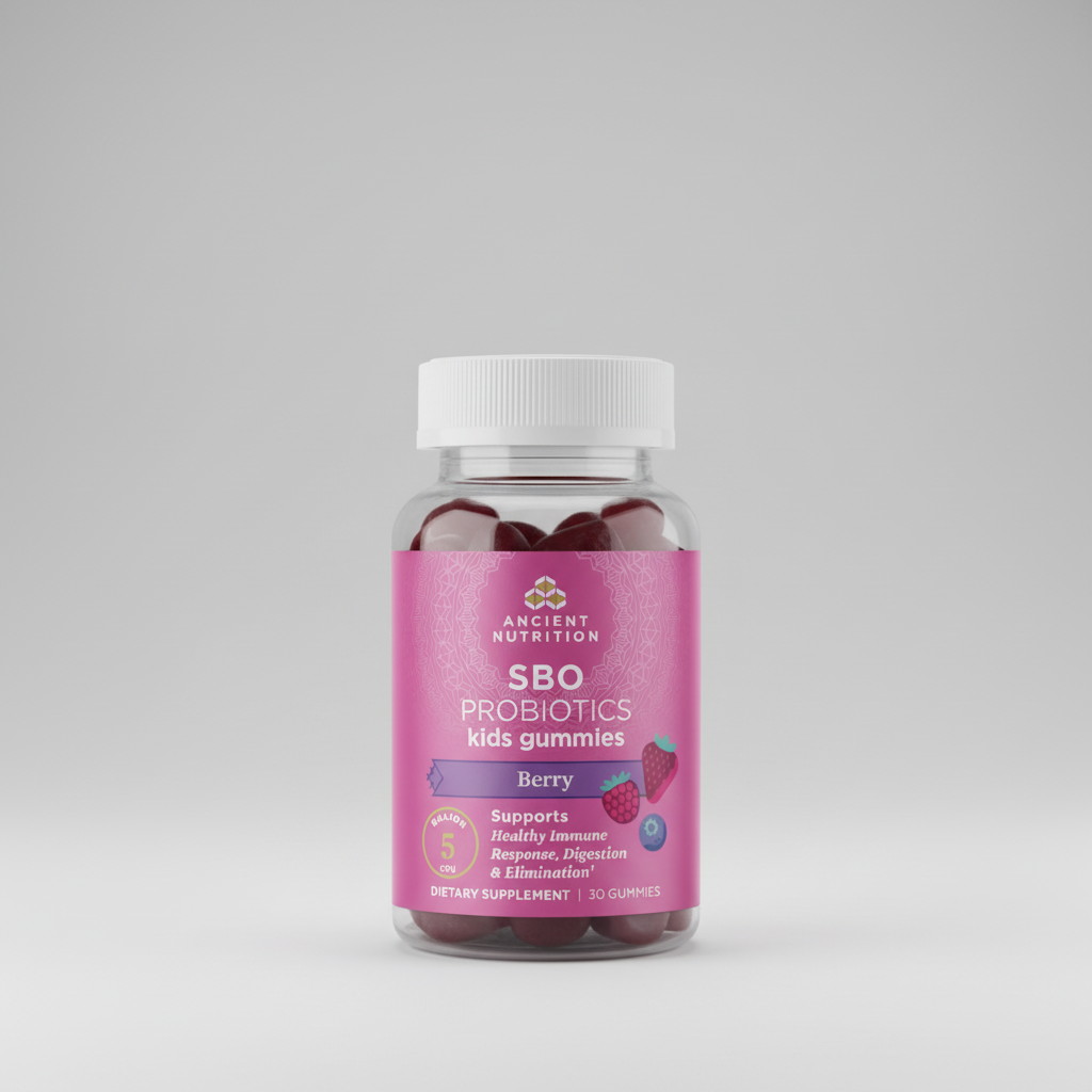 Bottle of Ancient Nutrition SBO Probiotics kids gummies on a white background