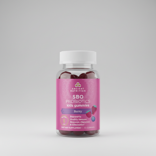 Bottle of Ancient Nutrition SBO Probiotics kids gummies on a white background