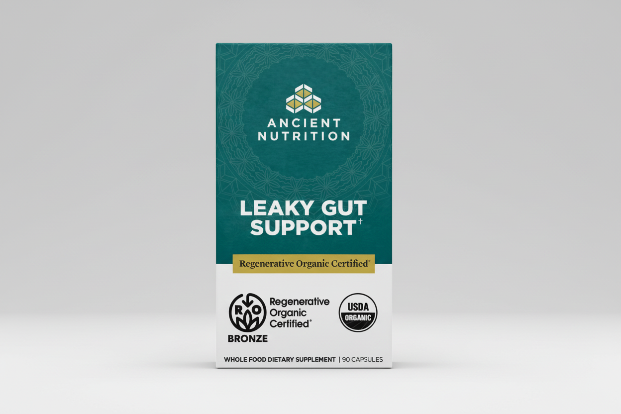 Ancient Nutrition Leaky Gut Support supplement package on a white background