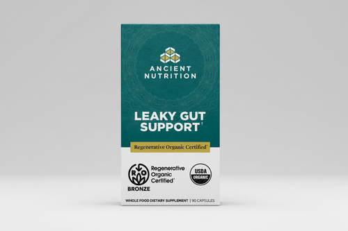 Ancient Nutrition Leaky Gut Support supplement package on a white background