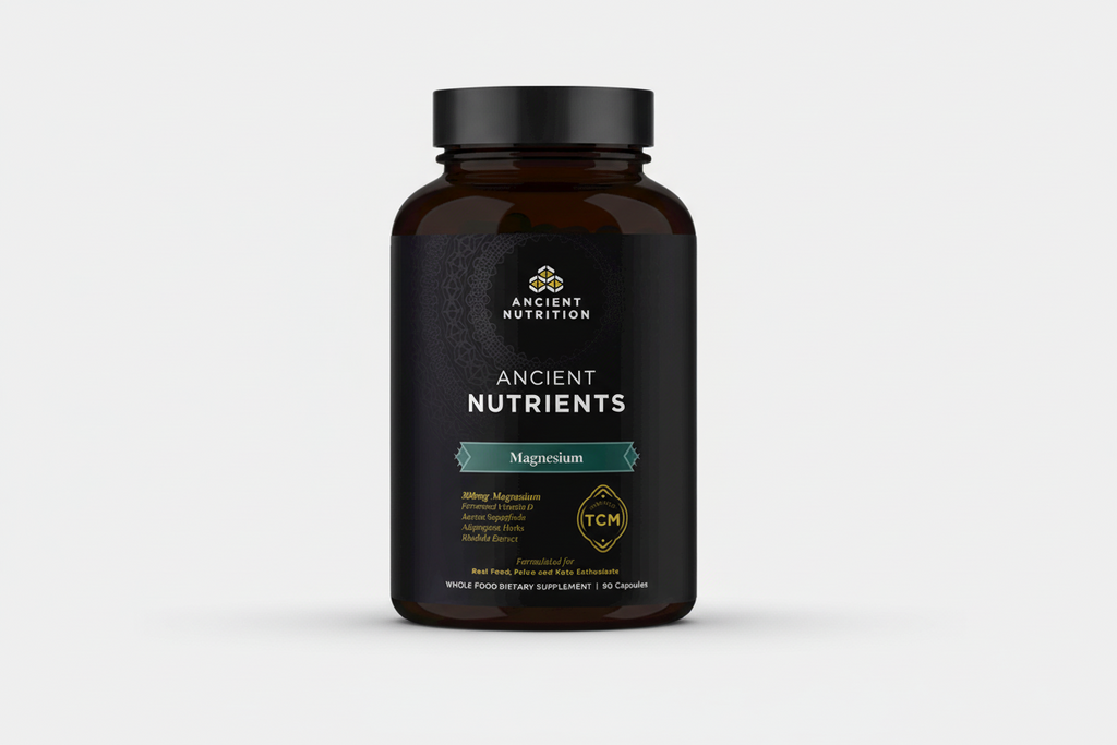 Supplement bottle labeled 'Ancient Nutrition Ancient Nutrients Magnesium' on a white background