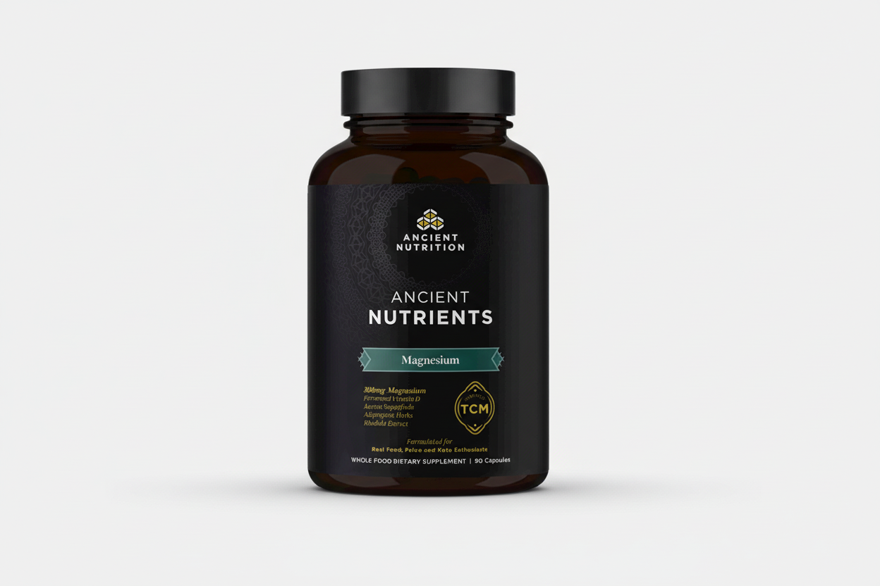 Supplement bottle labeled 'Ancient Nutrition Ancient Nutrients Magnesium' on a white background