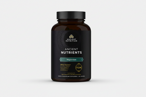 Supplement bottle labeled 'Ancient Nutrition Ancient Nutrients Magnesium' on a white background