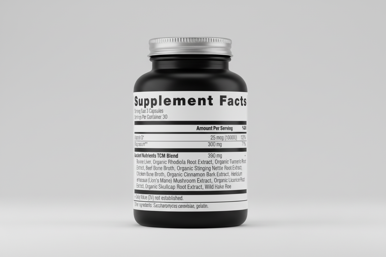 Supplement facts label with detailed nutritional information and ingredients.