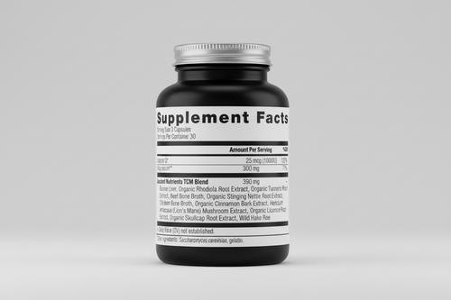 Supplement facts label with detailed nutritional information and ingredients.