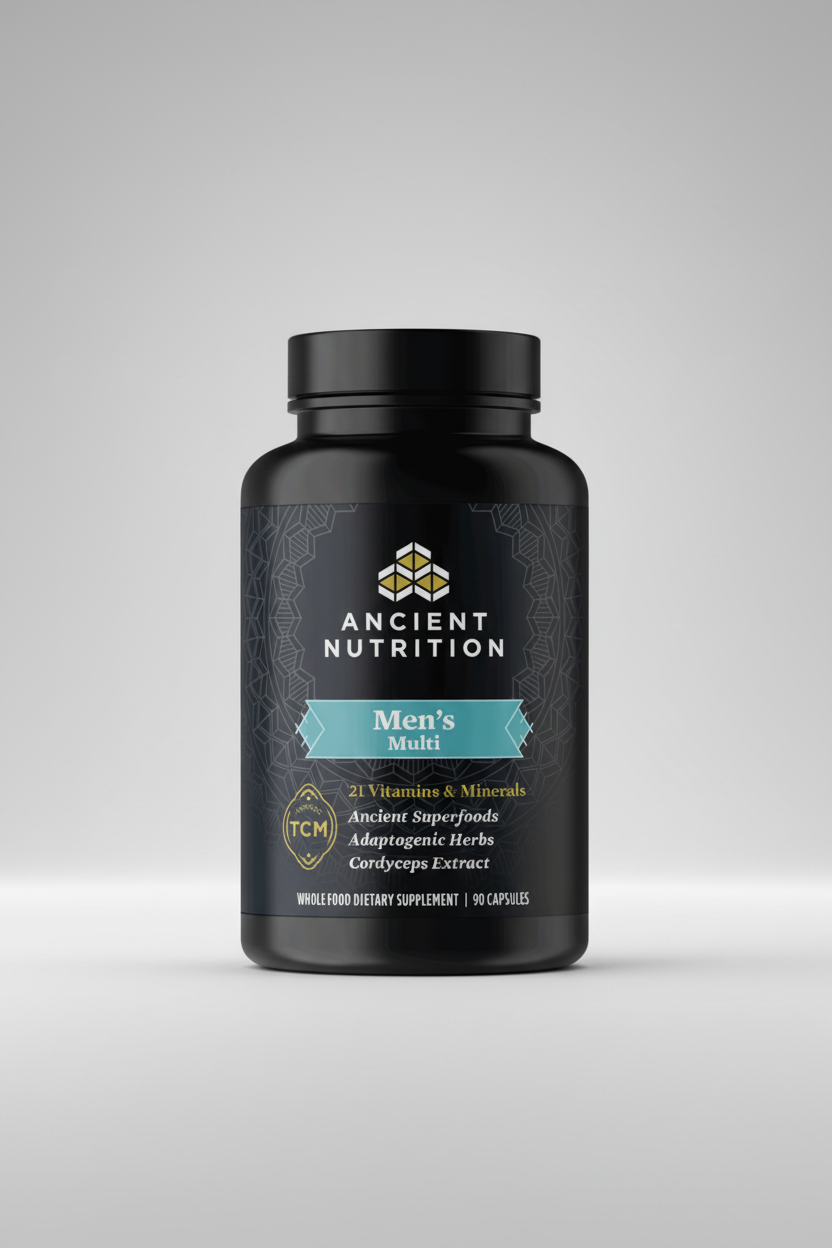 Black supplement bottle labeled 'Men's Multi' by Ancient Nutrition on a white background