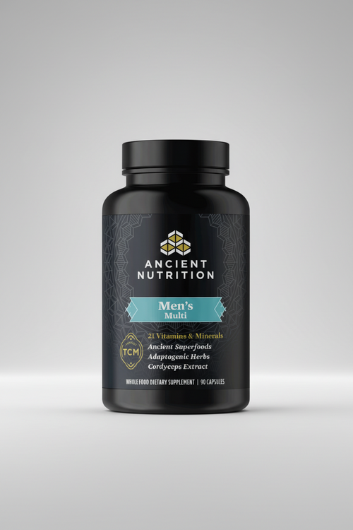 Black supplement bottle labeled 'Men's Multi' by Ancient Nutrition on a white background